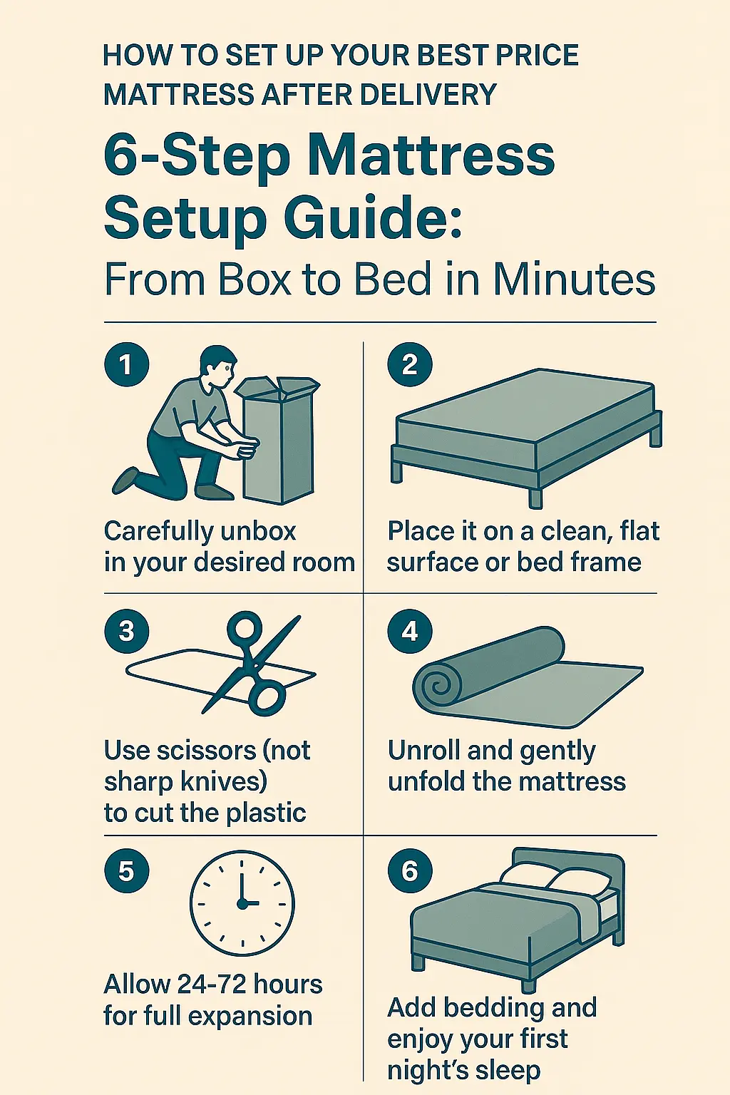 Infographic showing 6 tips to properly care for and maintain a Best Price Mattress.
