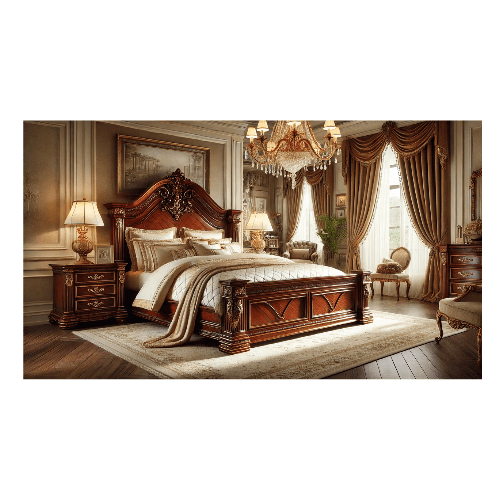 Ornate luxury bed frame with carved wood
