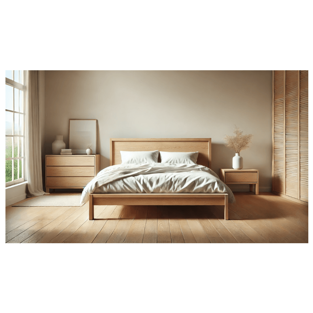 Minimalist oak bed in tranquil room