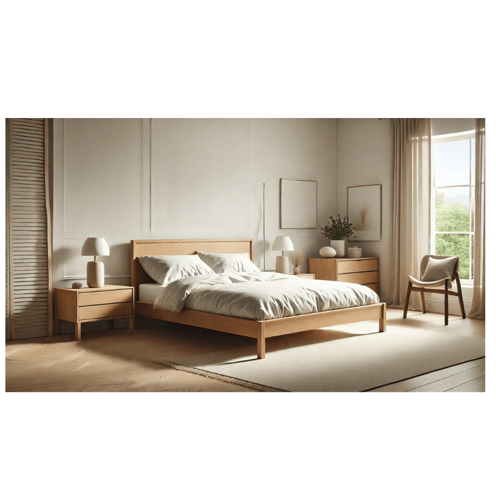 Minimalist Scandinavian bedroom with wooden bed