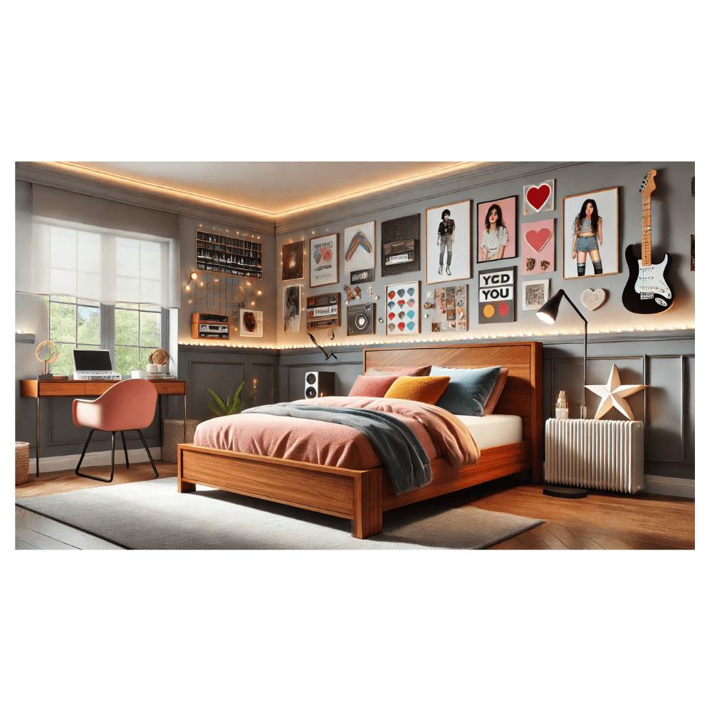 Teen bedroom with guitar and posters