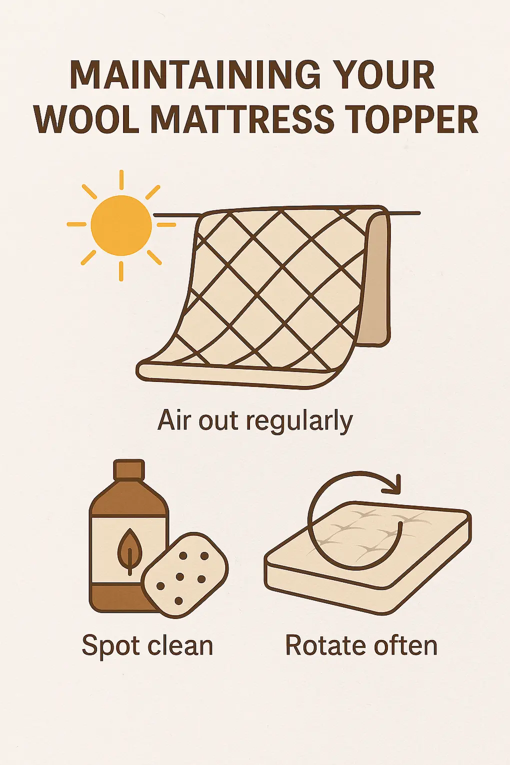Wool mattress topper care and maintenance infographic.