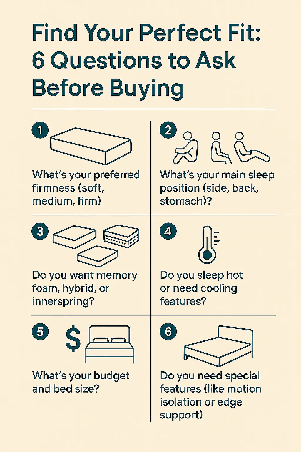 Infographic showing 6 questions to choose the right Best Price Mattress model.