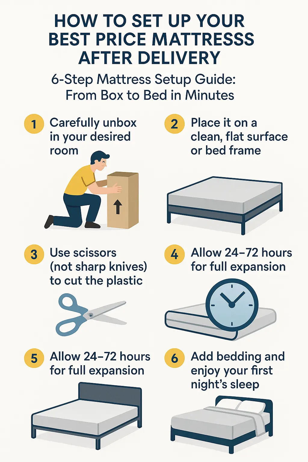 Infographic showing 6-step guide to set up a Best Price Mattress after delivery.