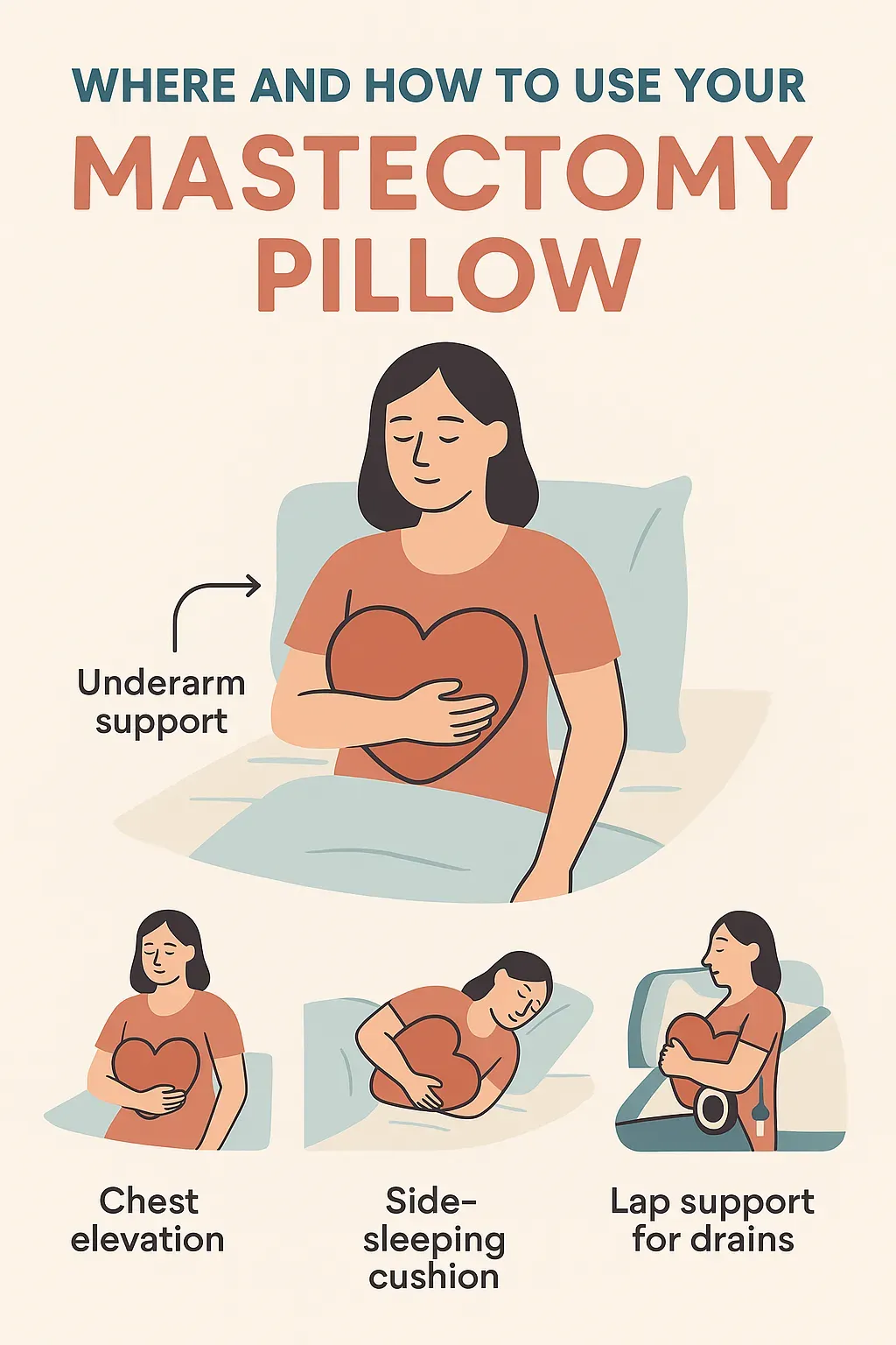 Mastectomy pillow use for chest support, side sleeping, and drain protection infographic