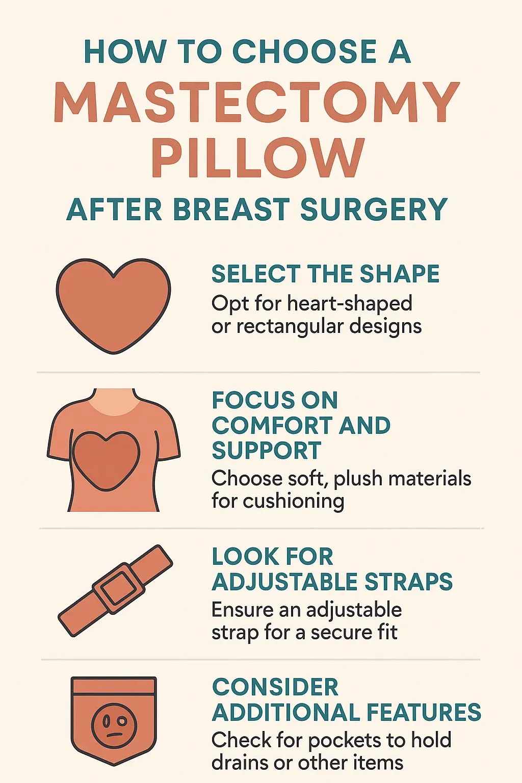 Infographic showing key mastectomy pillow features and selection tips