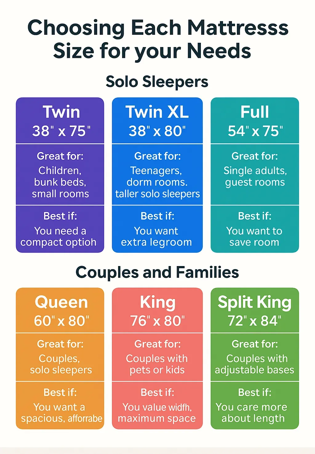 Color-coded chart outlining ideal mattress sizes for solo sleepers and couples, including Twin to Split King.