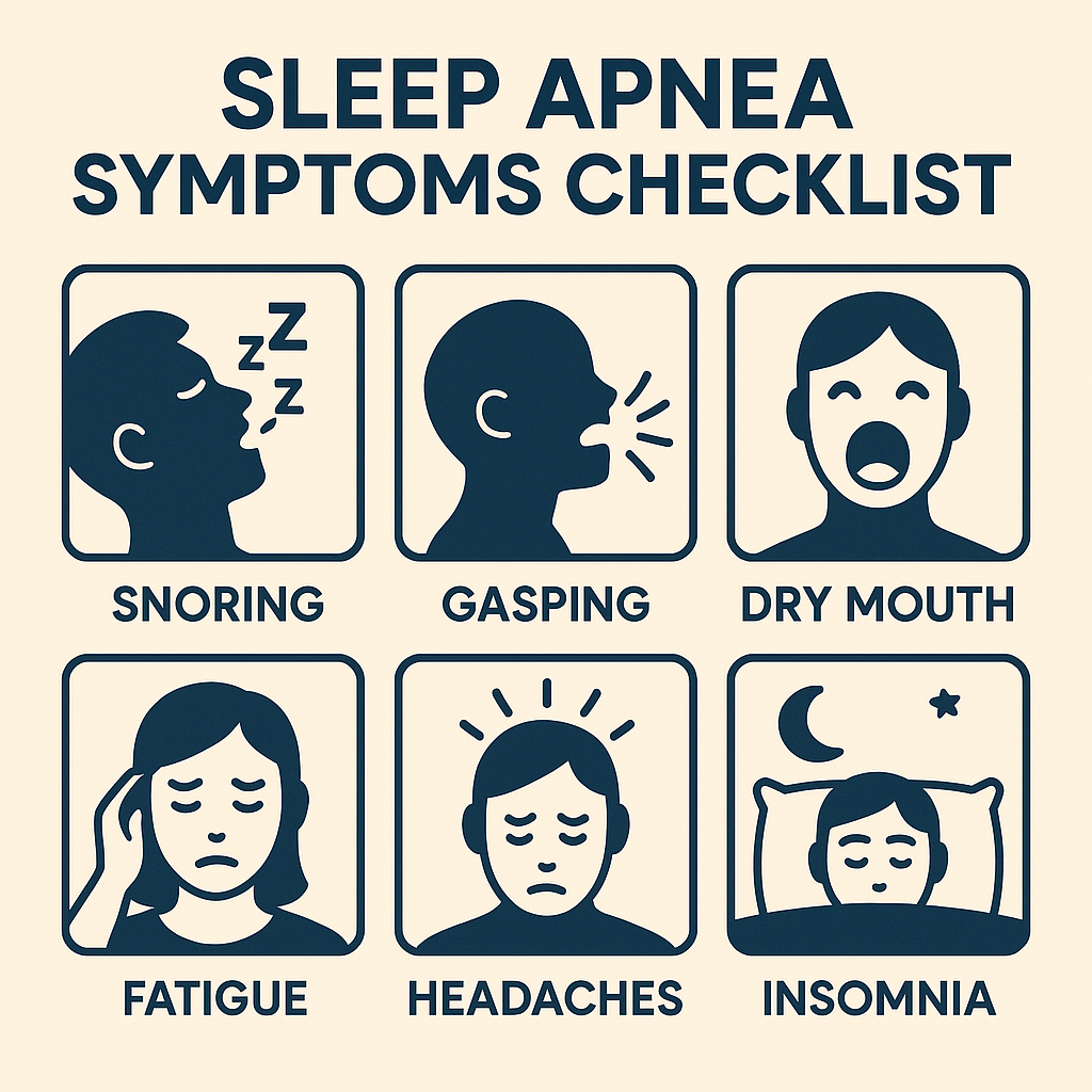 Icons showing six sleep apnea symptom indicators.