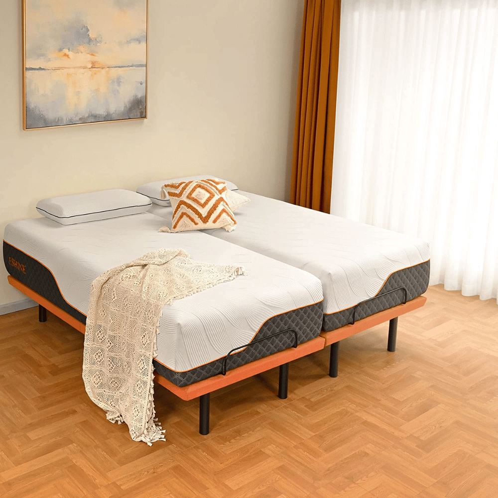 Flat position split king adjustable bed setup.