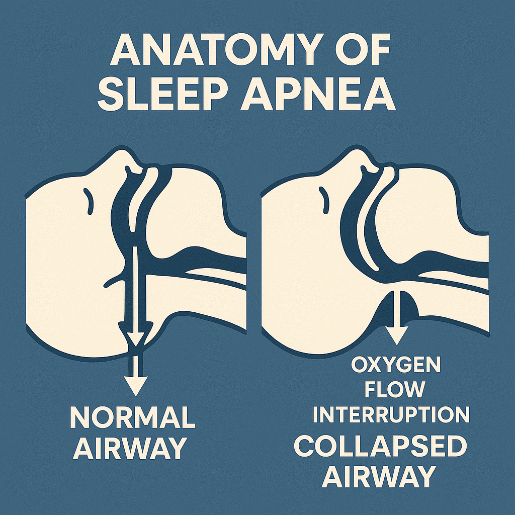 Normal and collapsed airway cross-section comparison.