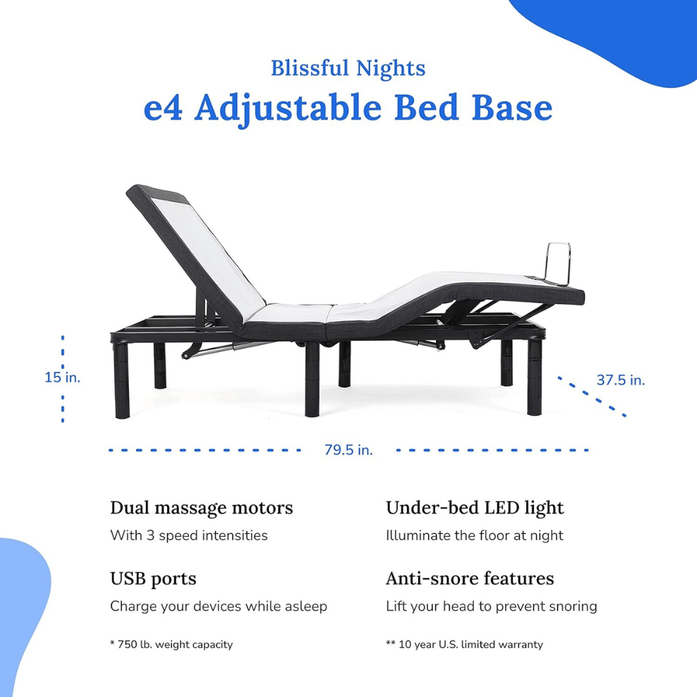 Adjustable bed with dimensions and feature highlights.