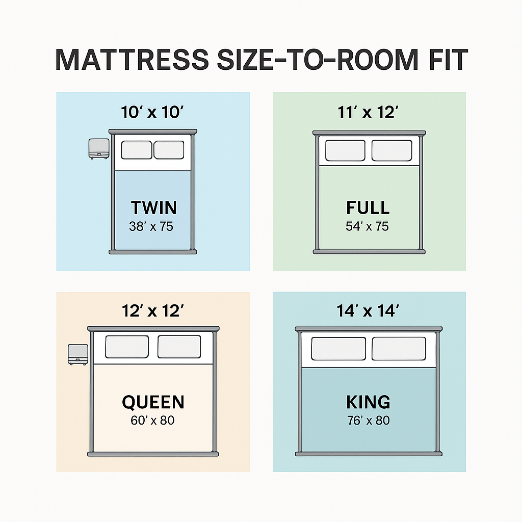 Chart showing best mattress sizes for room dimensions