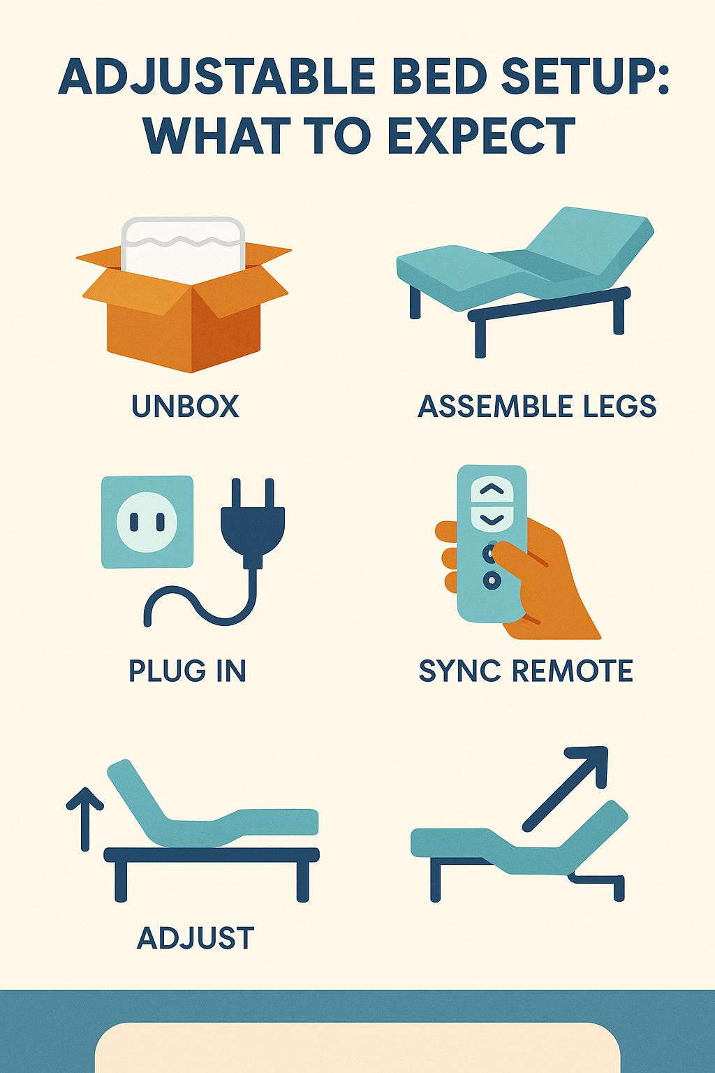 Visual checklist for adjustable bed setup steps.