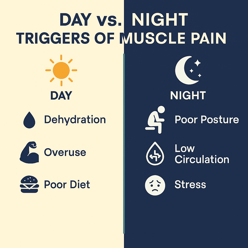 Day vs night muscle pain causes.