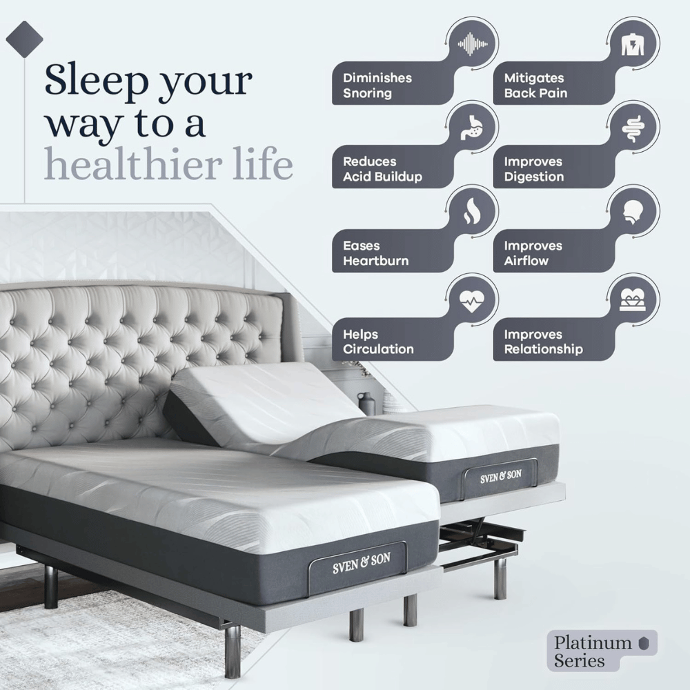 Adjustable bed icons showing multiple health improvements.