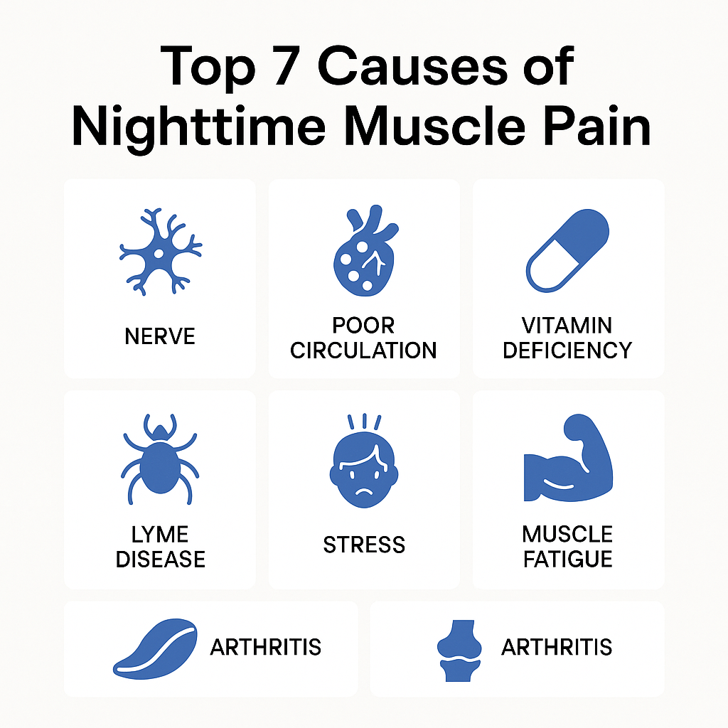 Causes of nighttime muscle pain icons.