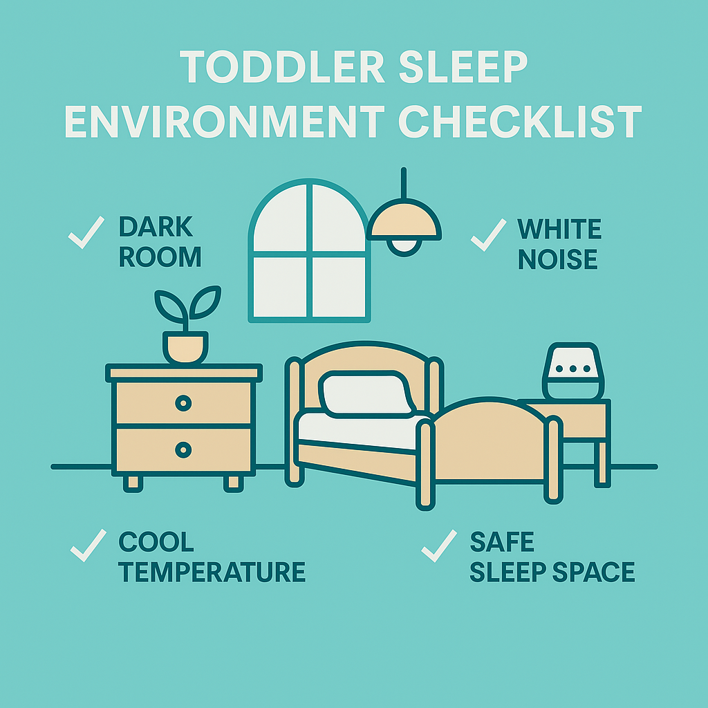 Toddler sleep environment checklist with illustrated bedroom