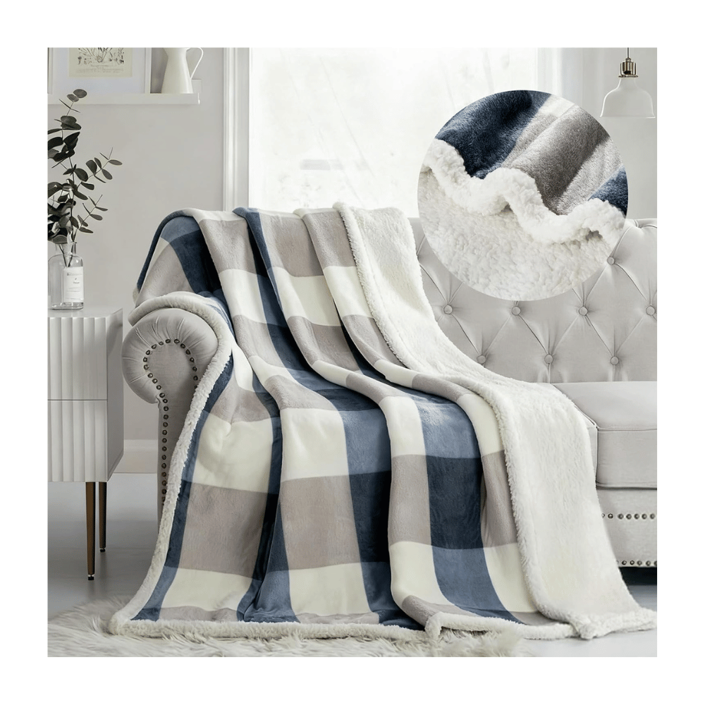 PU MEI striped flannel sherpa fleece blanket with soft lattice pattern