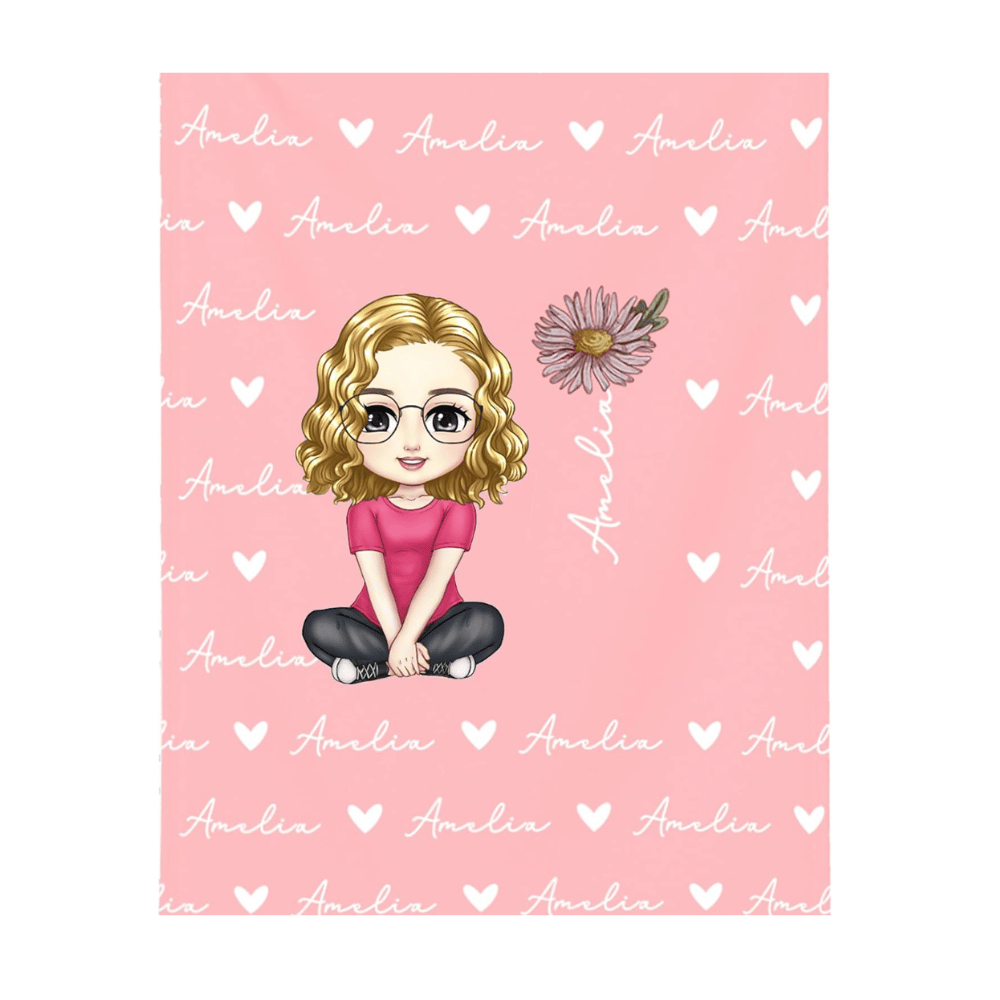 Callie personalized cartoon kids blanket in pink with custom heart pattern