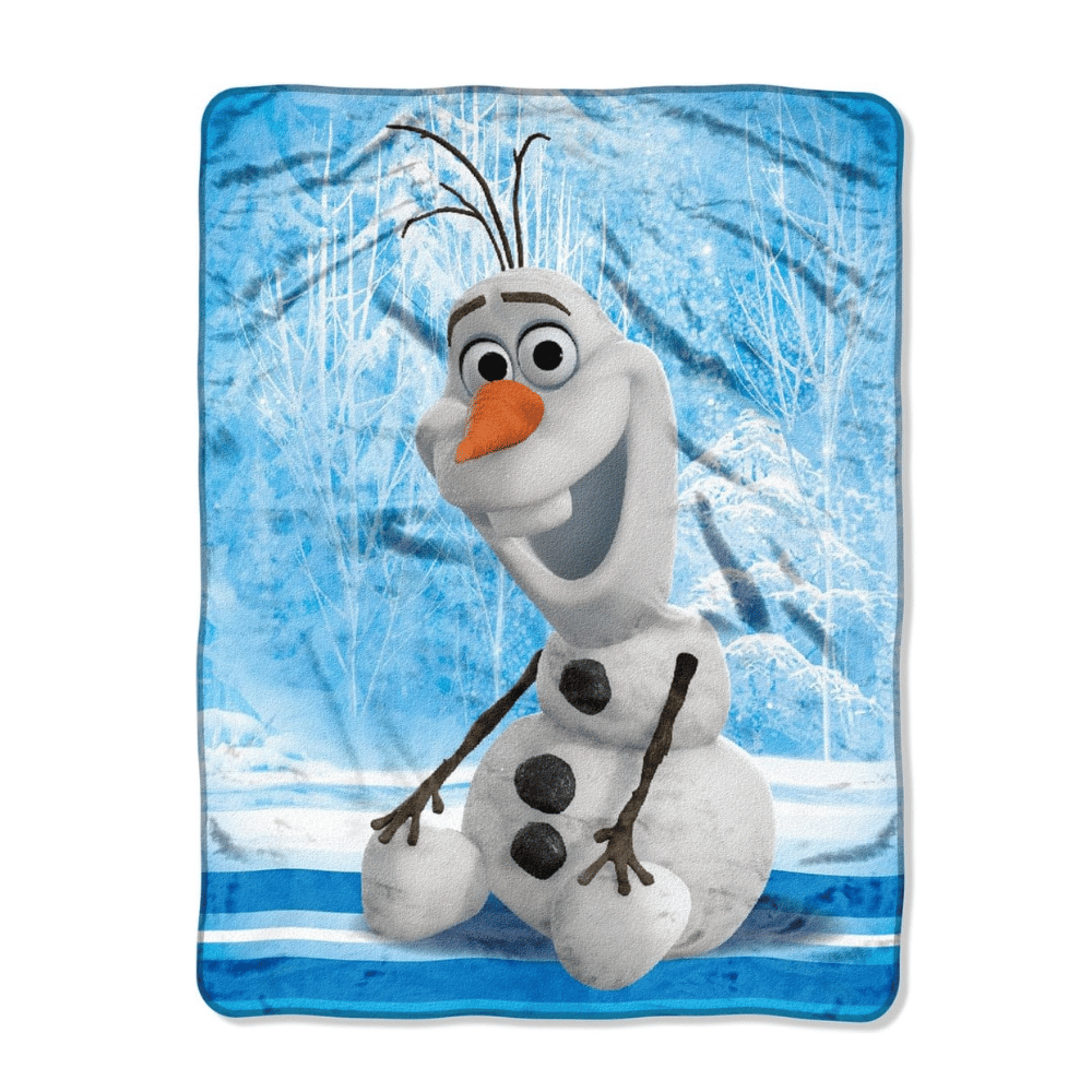 Disney Frozen throw blanket featuring Olaf and snowflake design in blue tones