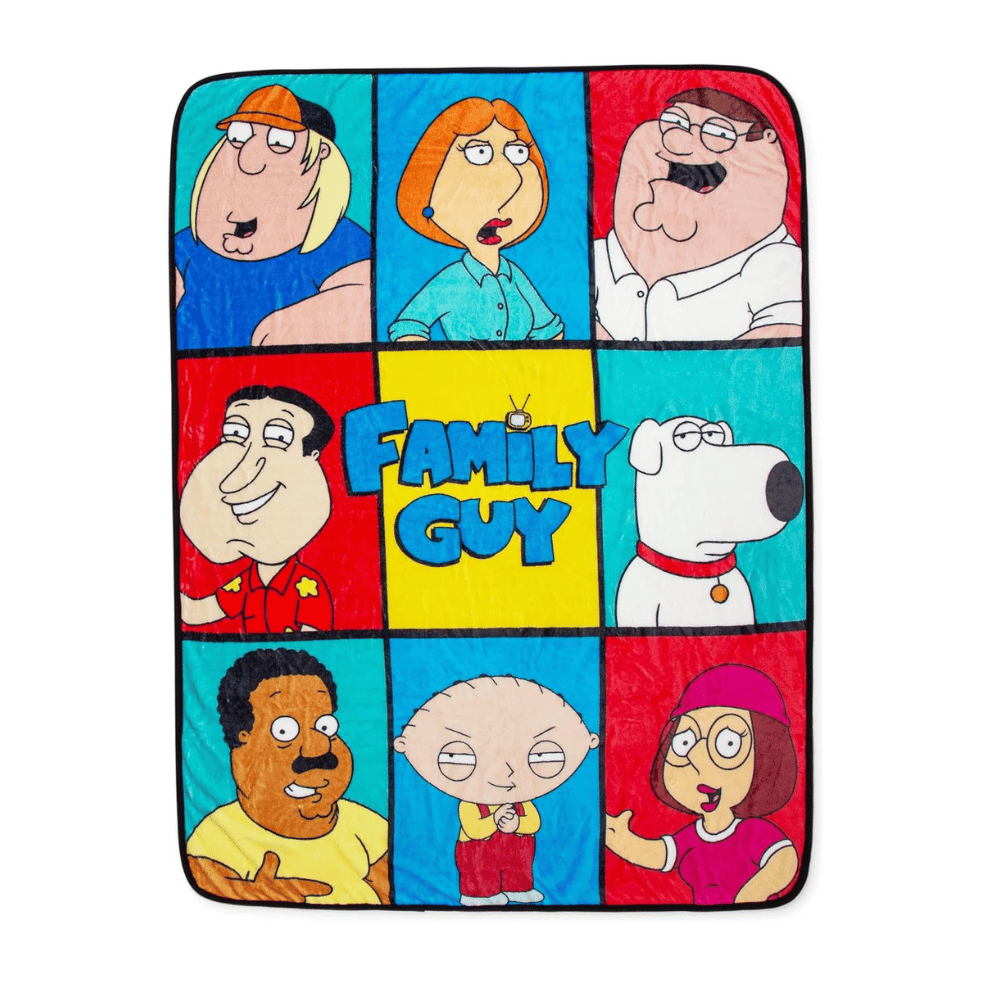 Family Guy raschel throw blanket with colorful cartoon character grid design