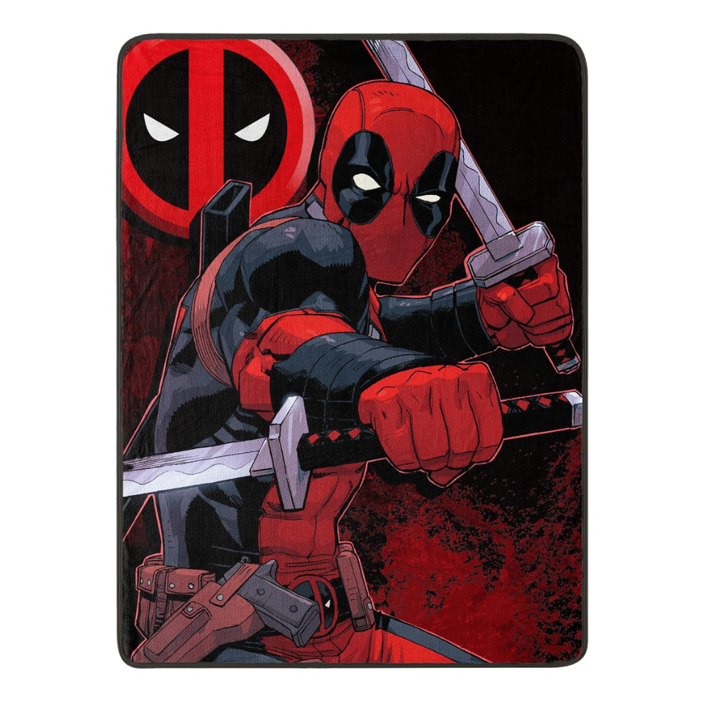 Marvel Deadpool micro raschel throw blanket with swordsman comic design in red