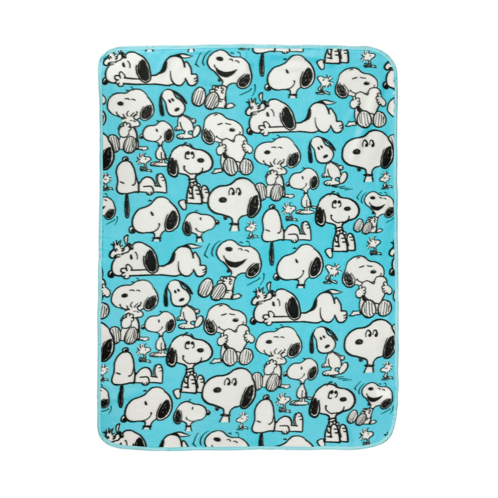 Silver Buffalo Snoopy fleece blanket showing multiple Peanuts character poses on white background