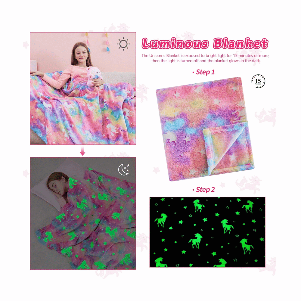 Colorful glowing unicorn kids blanket.