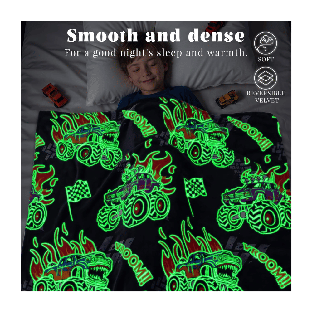 Kids racing glow truck blanket.