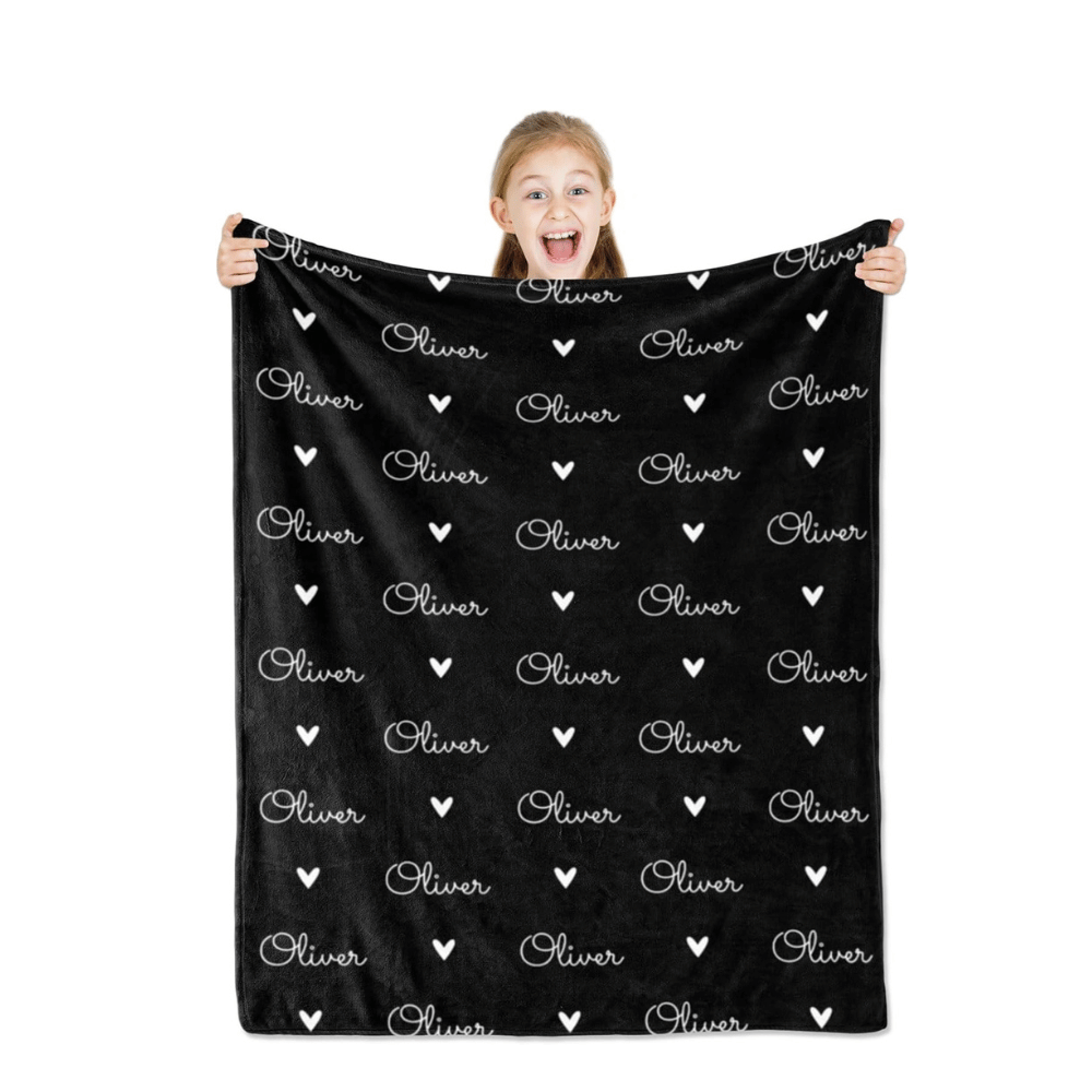 black kids blanket with printed names.