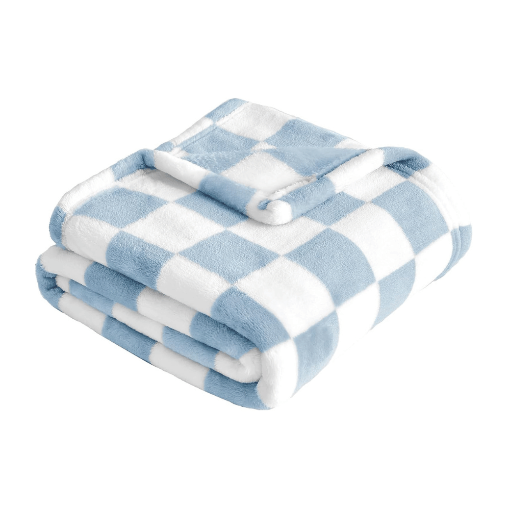 Blue and white checkered baby blanket.