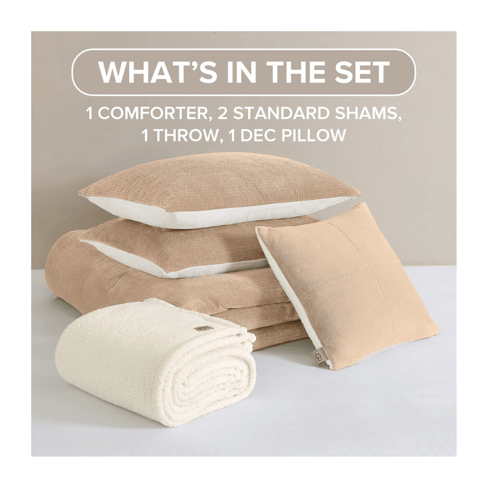 UGG 5-piece bed set with comforter, shams, throw, and pillow (Credit: UGG / Amazon)