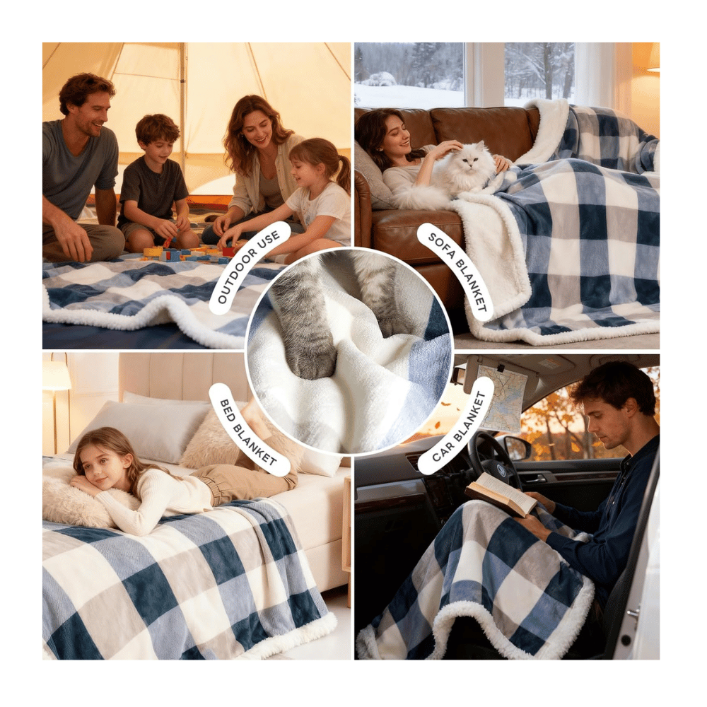 PU MEI sherpa fleece plaid flannel throw draped over bed for warmth