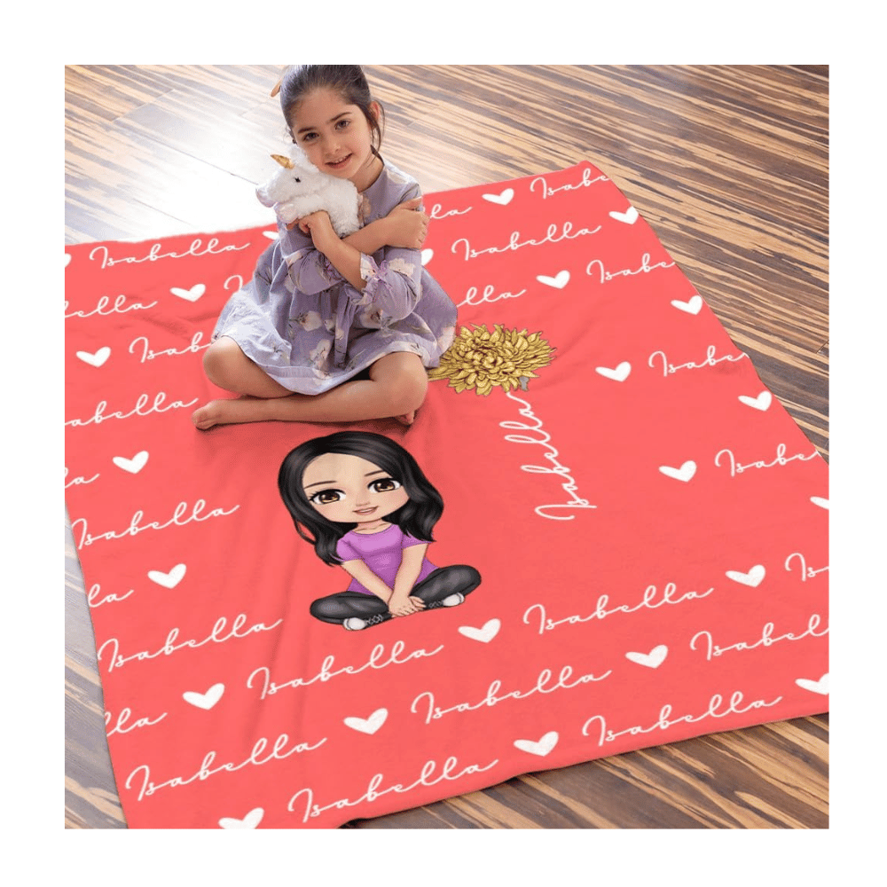 Child using pink Callie personalized cartoon blanket featuring hearts and name print