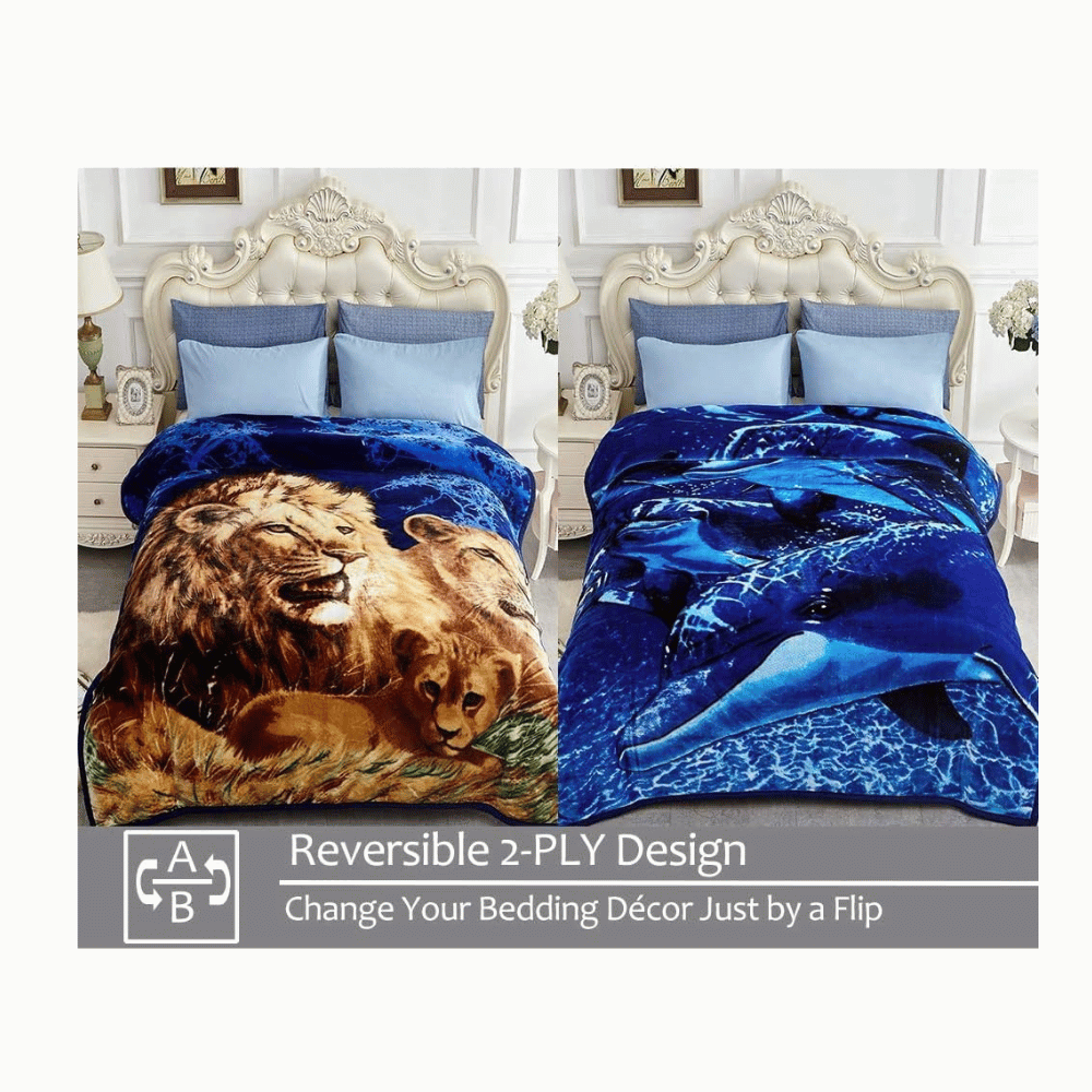 Reversible JYK faux mink fleece blanket displayed on bed for cozy warmth