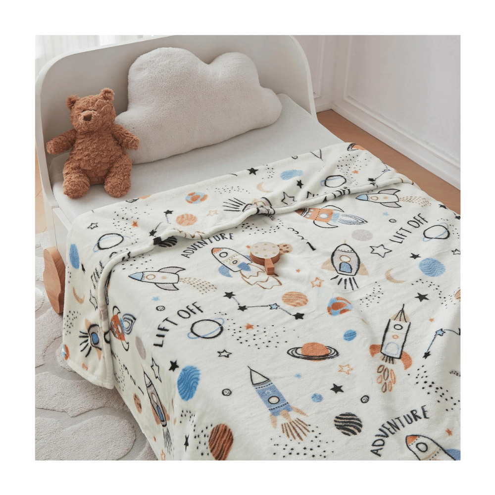 Cozy cartoon rocket kids blanket.
