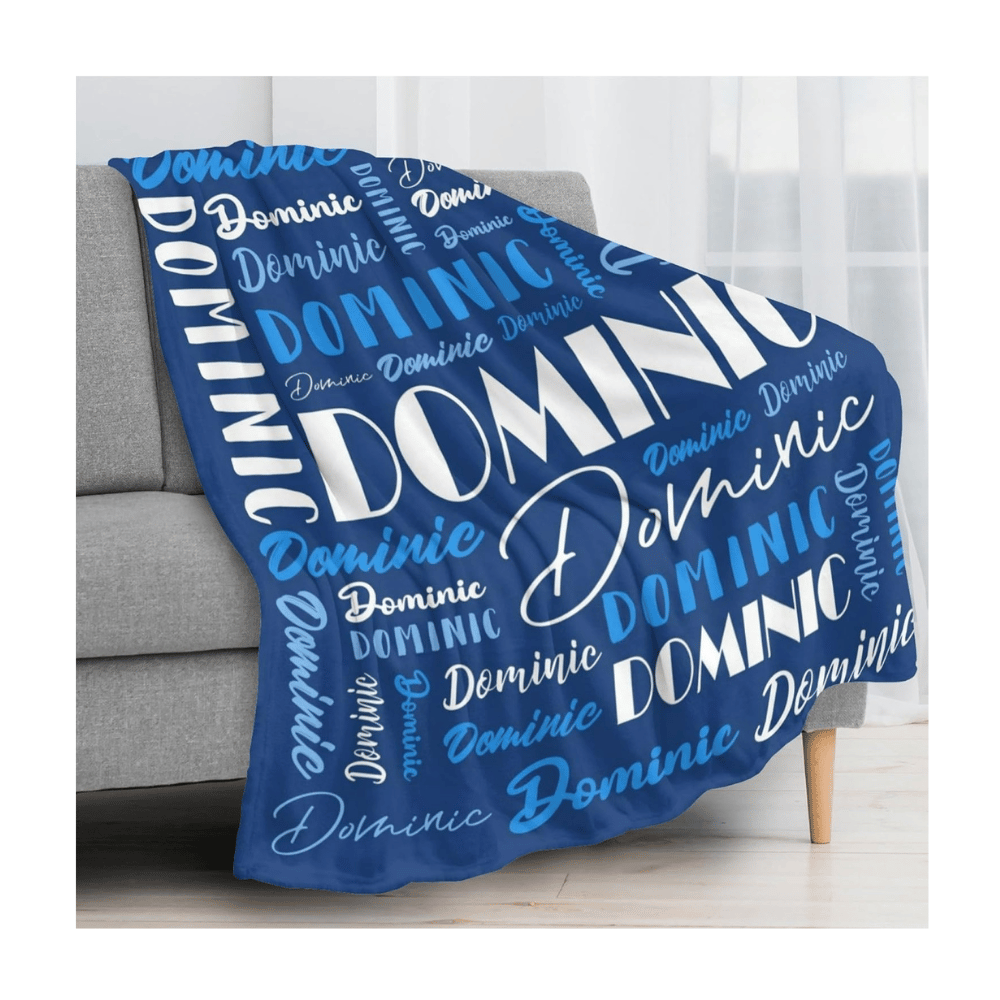 Blue name blanket with Dominic text.