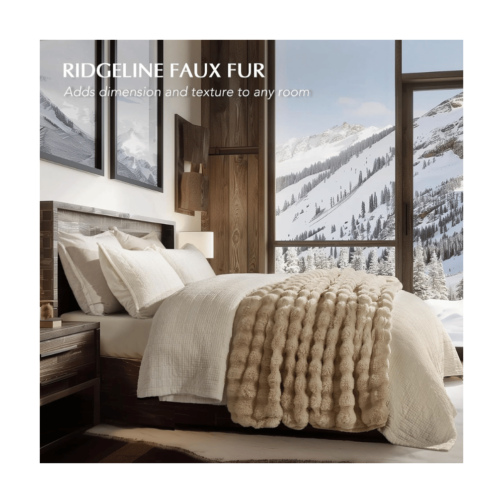 EverGrace Ultra Soft Rabbit Fur Blanket spread across bed, featuring bubble-pattern texture and elegant neutral tones.