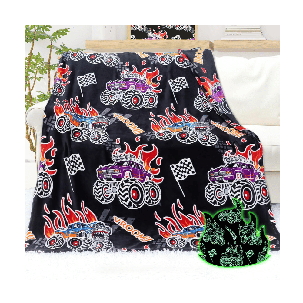Glowing monster truck boys blanket.