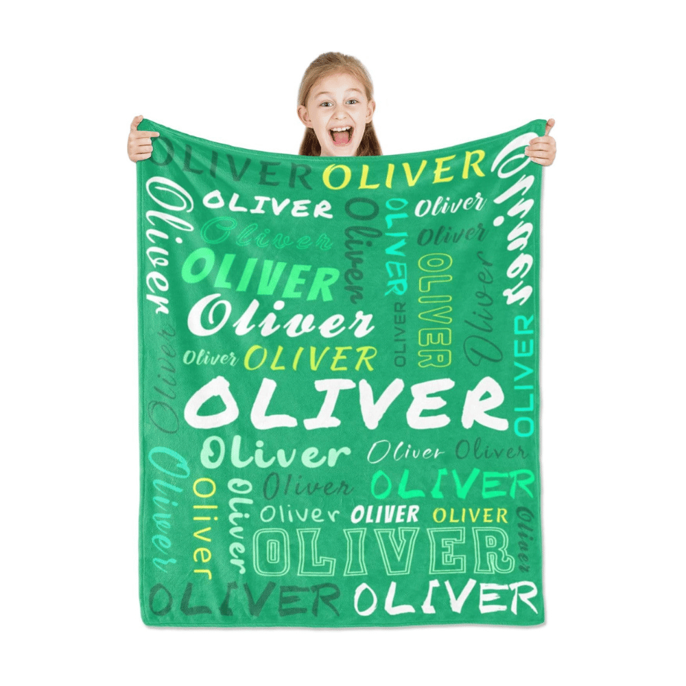 Green personalized Oliver name kids blanket.