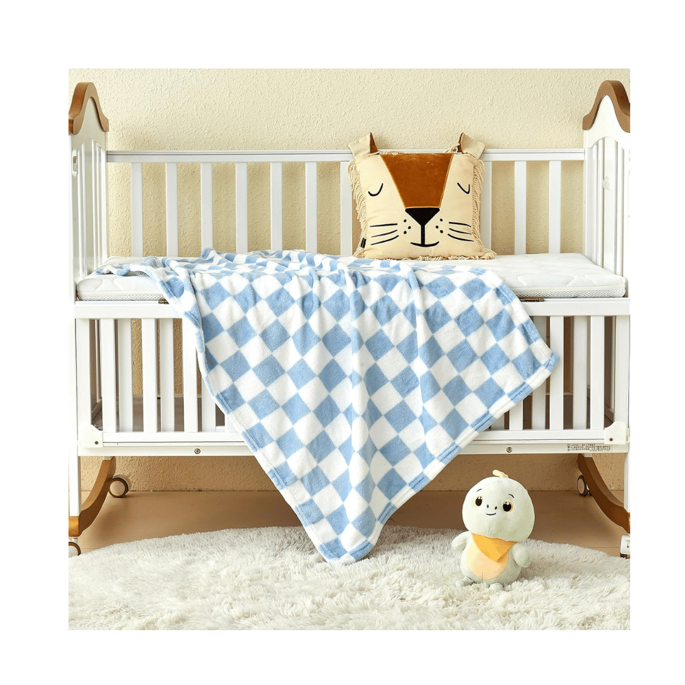 Cozy blue checker fleece baby blanket.
