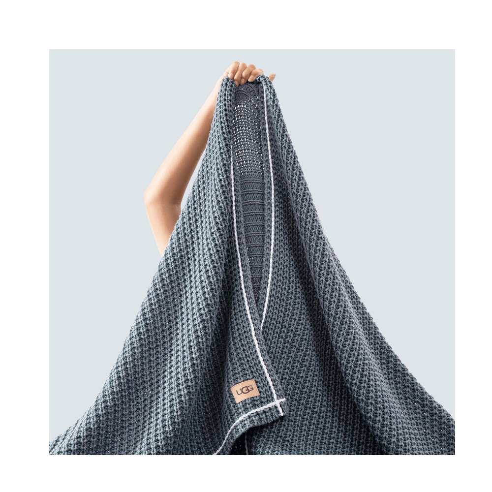 UGG Luna Knit Throw Blanket held up to show texture (Credit: UGG / Amazon)