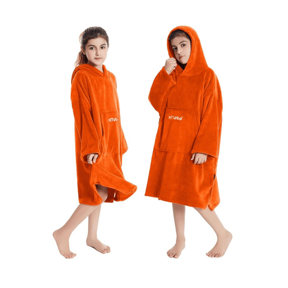 hiturbo kids hooded towel robe orange fleece