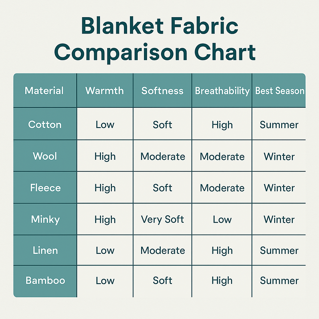 blanket fabric comparison chart warmth softness breathability cotton wool fleece linen bamboo