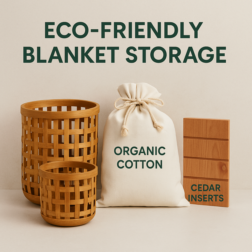 eco friendly blanket storage poster featuring organic cotton bag and cedar inserts