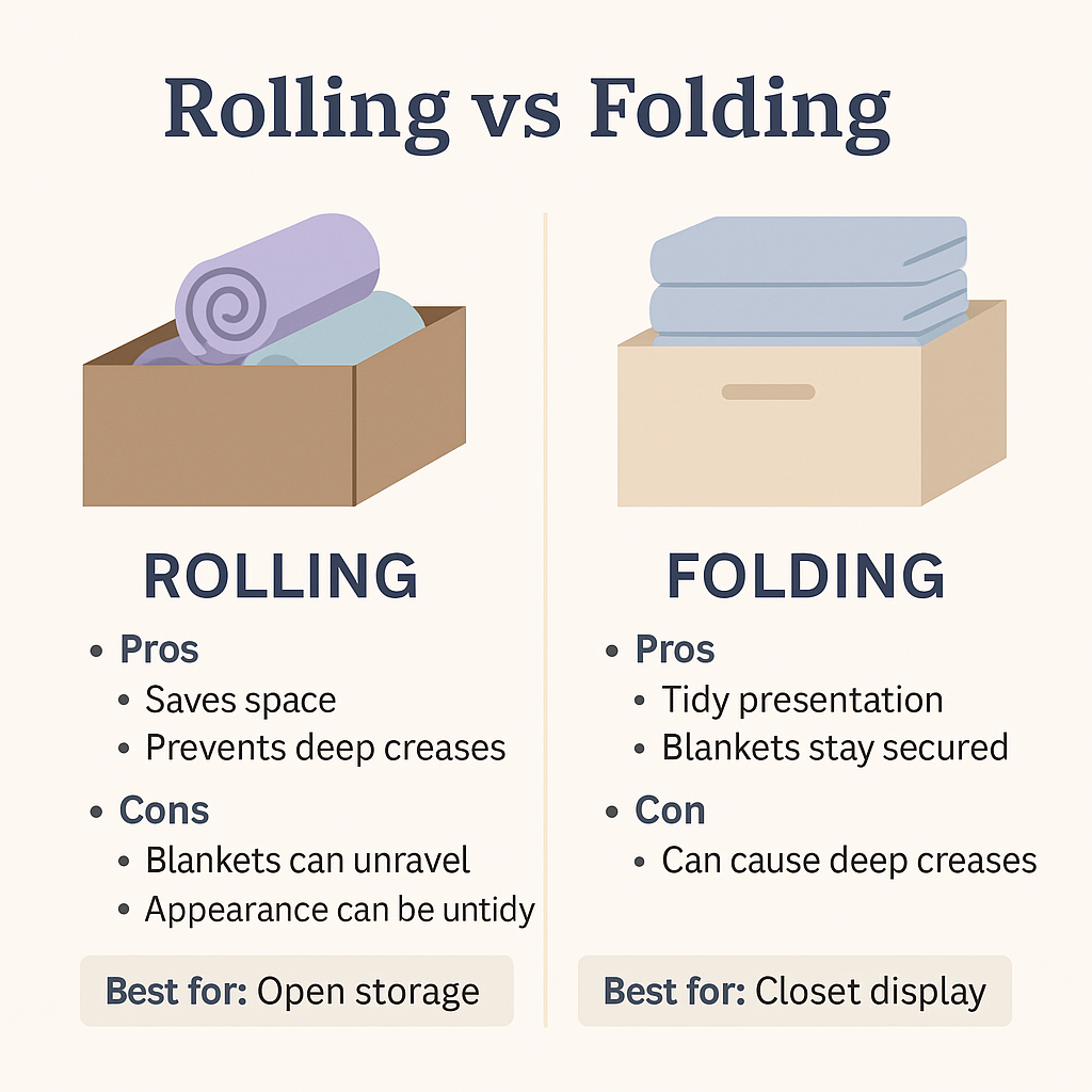 rolling vs folding blanket storage comparison chart showing pros and cons
