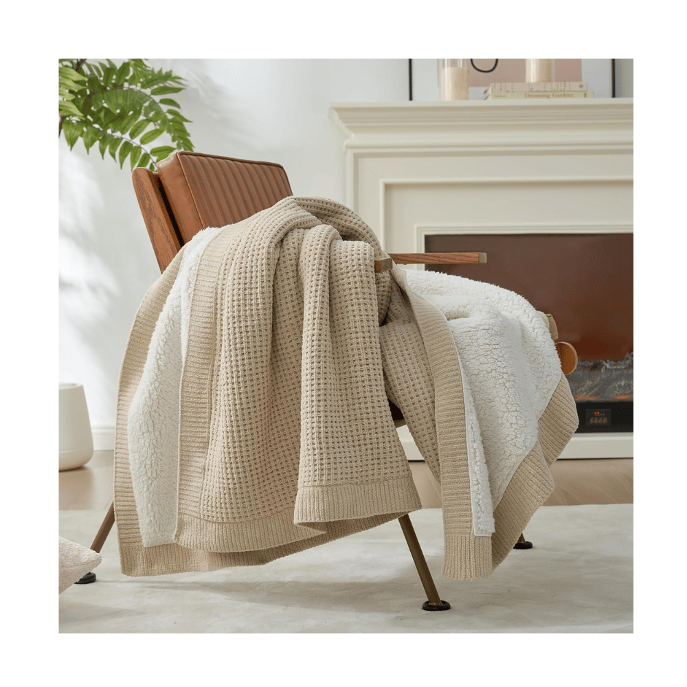 alpaca home waffle blanket beige sherpa draped over chair