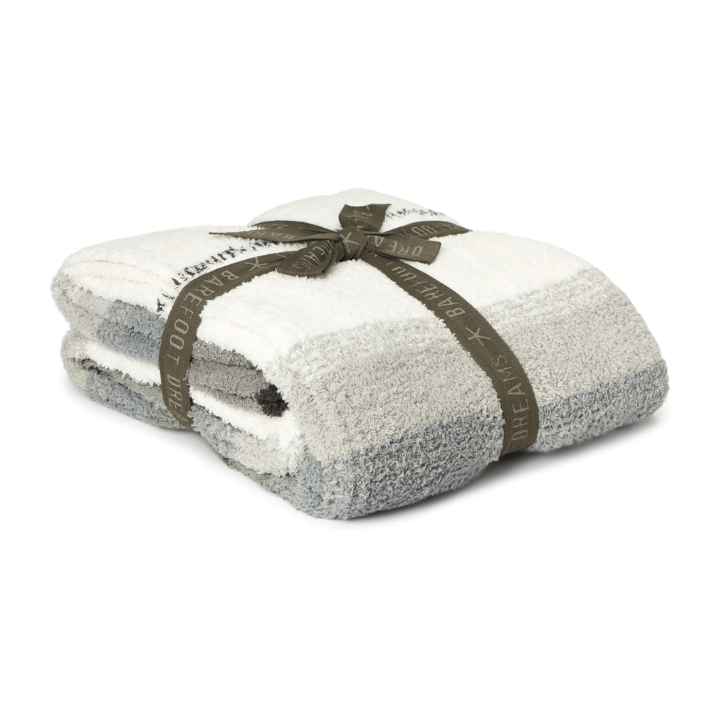 barefoot dreams cozychic throw blanket gray white plush ribbon