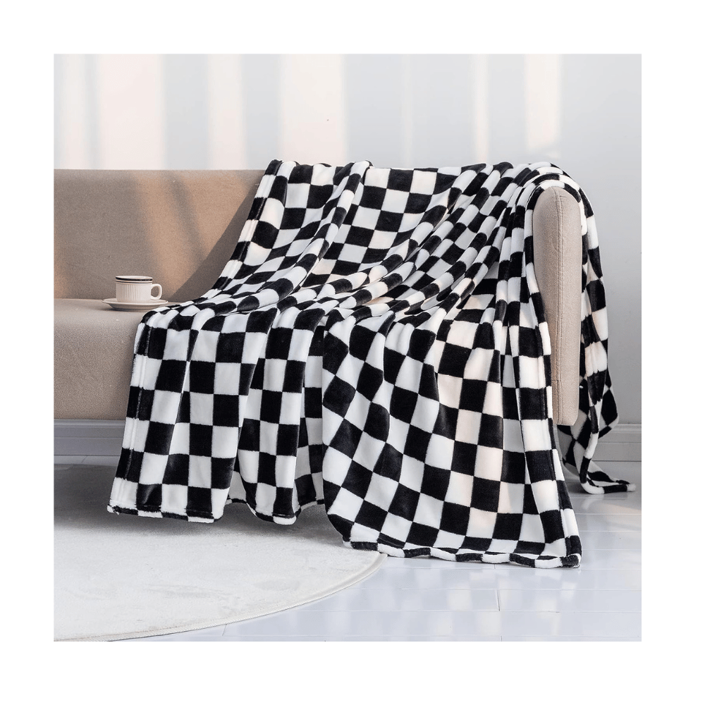 lomao checkered blanket black white plush throw on sofa