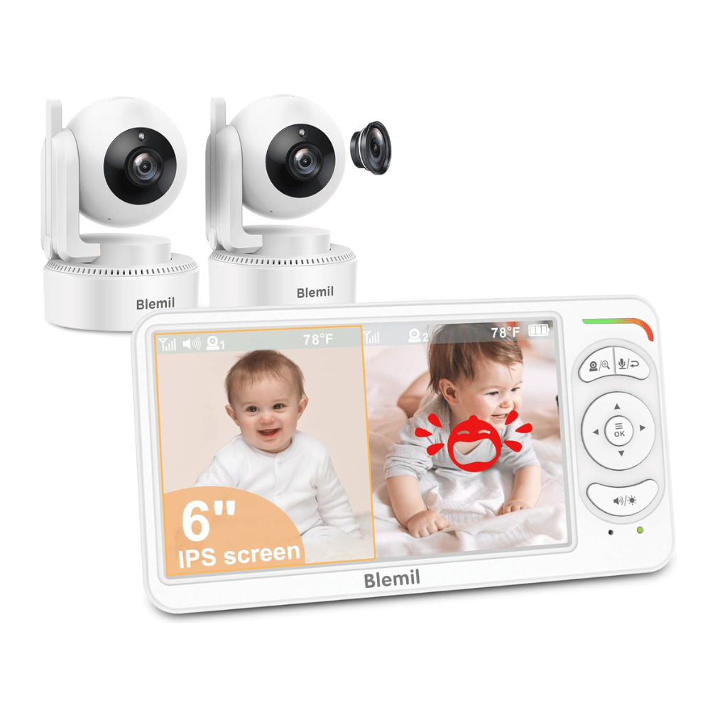 Blemil 6 inch dual camera split screen baby monitor showing two infants on display